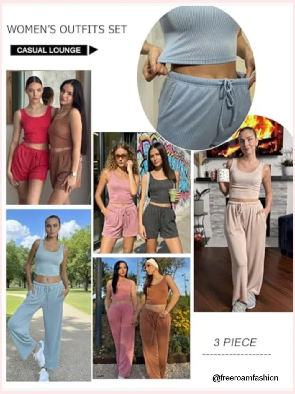 3 Piece Lounge Set Crop Top Shorts & Pants Ribbed Knit Vacation Outfit - Picture 5 of 7